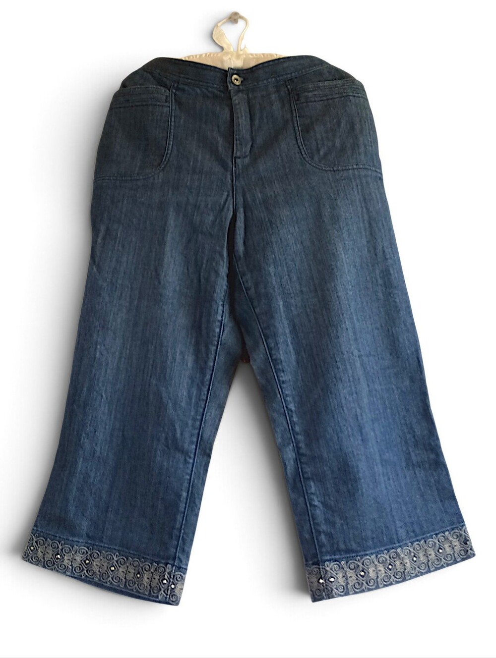 Christopher & Banks Dark Blue Embroidered Hem Cropped Jeans Stretch Denim Copper